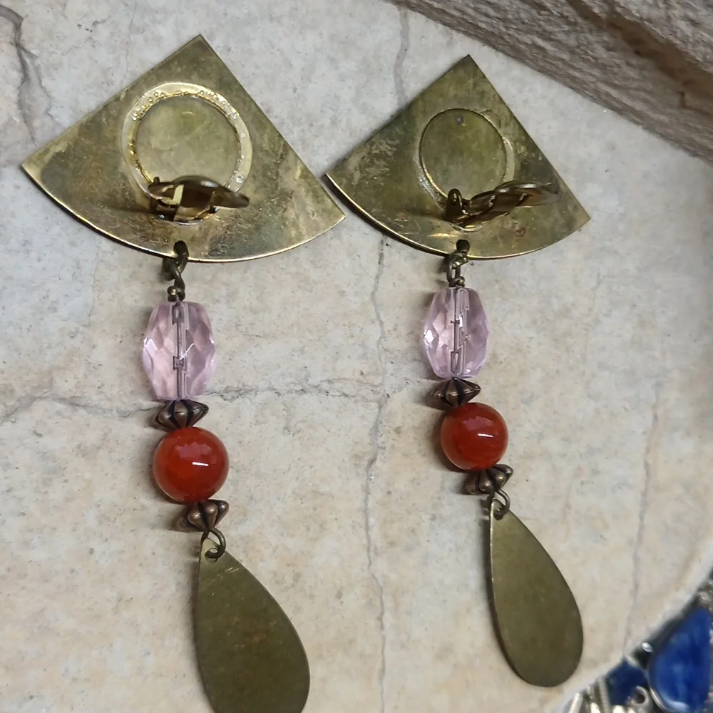 Vintage Copper Brass Carnelian agate dangle earrings clip on